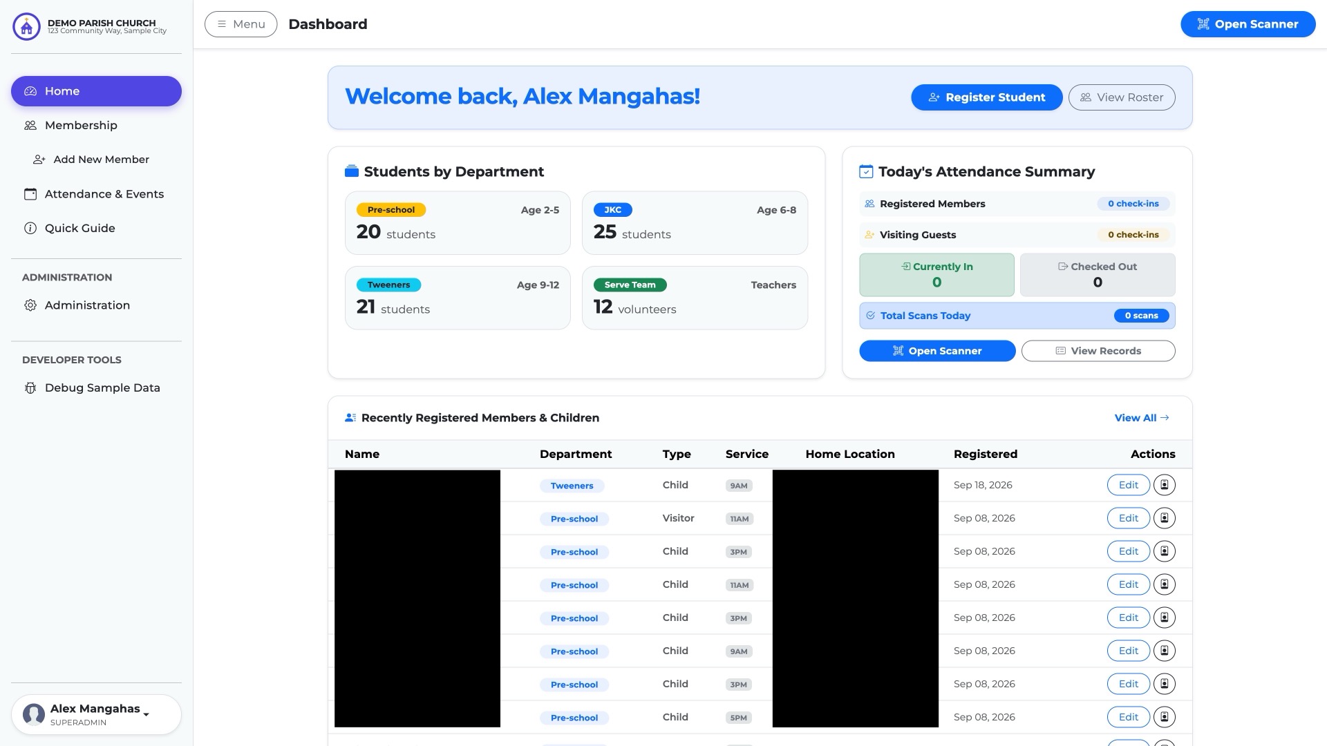 Church membership dashboard showing department counts and member records