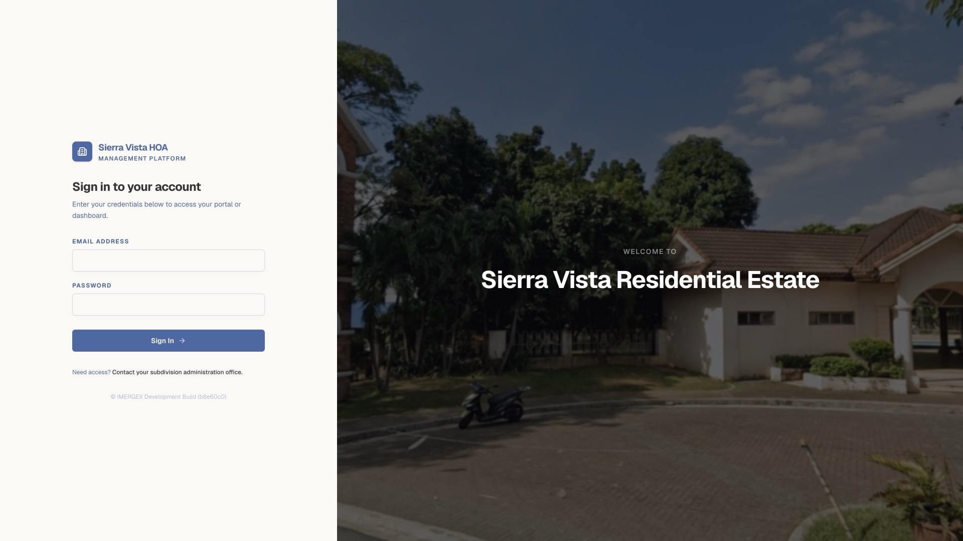 Sierra Vista HOA sign-in page